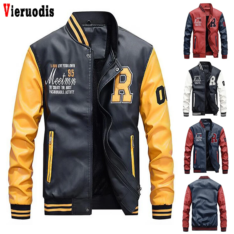 

Men Slim Fit College Fleece Luxury Pilot Jackets Men's Stand Collar Top Jacket Coat Baseball Jacket Embroidered Leather PU Coats