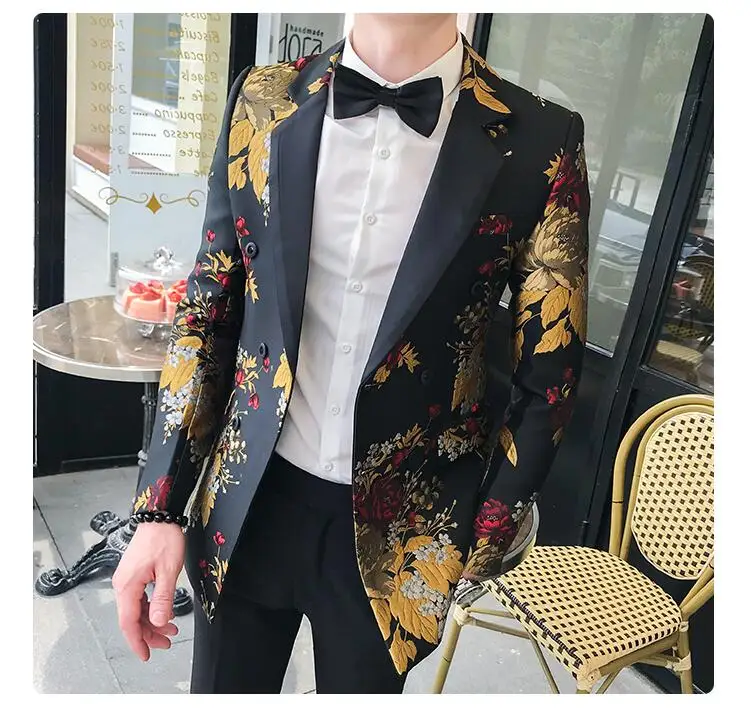 Цветочный мужской блейзер с золотыми тюльпанами, принт, повседневный Блейзер мужские костюмы, пиджак джентльмен, Свадебный, приталенный, модное пальто