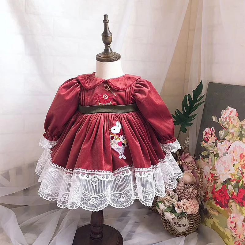 Осенне-зимнее испанское детское хлопковое теплое платье красное платье с длинными рукавами и вышивкой в виде Турции Детские платья для девочек, рождественское платье