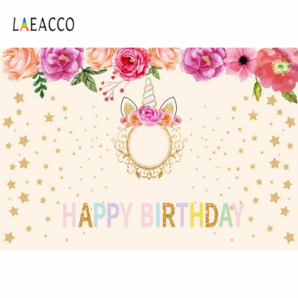 

Laeacco Baby Birthday Unicorn Flowers Golden Photography Background Add Customized Photos Photographic Backdrop For Photo Studio