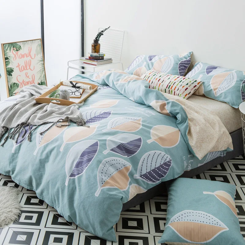 

Art style bedding set 100% cotton duvet cover + flat sheet + pillowcase 4pcs/set queen bed linens leaf tree bed set bedclothes