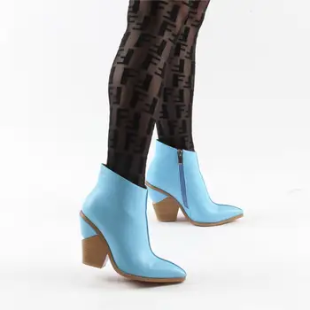 

Perixir Ankle Boots Women Thick High Heels Pointed Toe Western Cowboy Boots Female Black Blue Leather Shoes For Lady 2020 Autumn