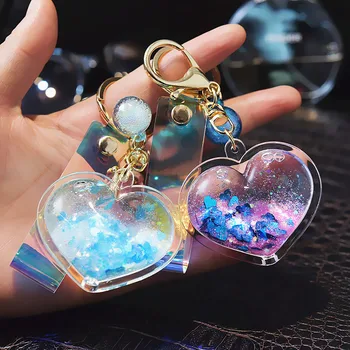 

Drop Shipping Creative Acrylic Into The Oil Bottle Quicksand Love Keychain Flash Peach Heart Car Key Chain Bag Pendant