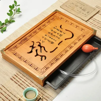 

Hot Sale Flower Carving Kung Fu Tea Set Natural Wood Bamboo Tea Tray Rectangular Traditional Bamboo Puer Tea Tray Table MJ72006