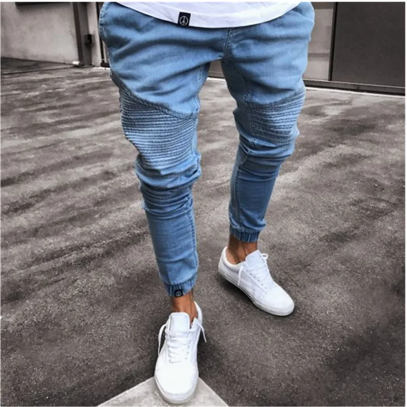 Мужские стильные дизайнерские брендовые черные джинсы обтягивающие рваные стрейчевый Облегающий Брюки в стиле хип-хоп с дырками для мужчин повседневные штаны - Цвет: Blue