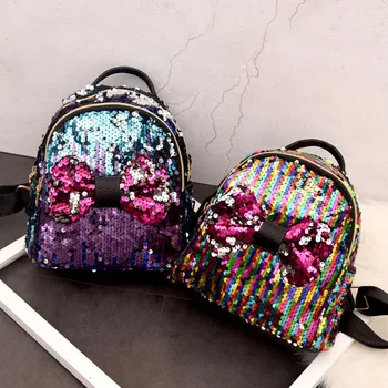 

New Female Durable Women Mini Simple Leisure Small Bowknot Zipper Backpack Teenager Girls Travel Sequins Schoolbags Rucksack