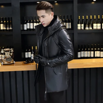 

Genuine Leather Jackets For Men Winter Warm Thick Hooded Down Coat 2020 Top Quality Plus Size Outwear 1622 MF419