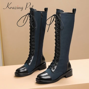 

Krazing Pot plus size comfortable leisure split leather mixed colors canvas round toe thick med heel lace up knee-high boots L13