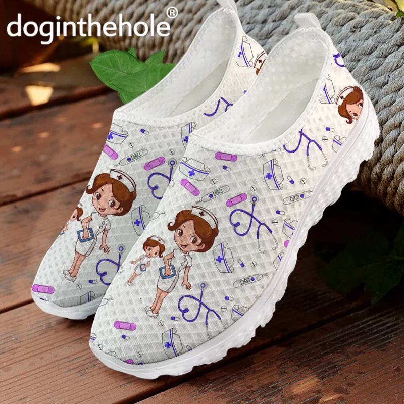 

Doginthehole Kawaii Nursing Sneaker For Teen Girls Casual Slip On Fitness Footwear Cartoon Nurse Print White Flat Shoes Mujer