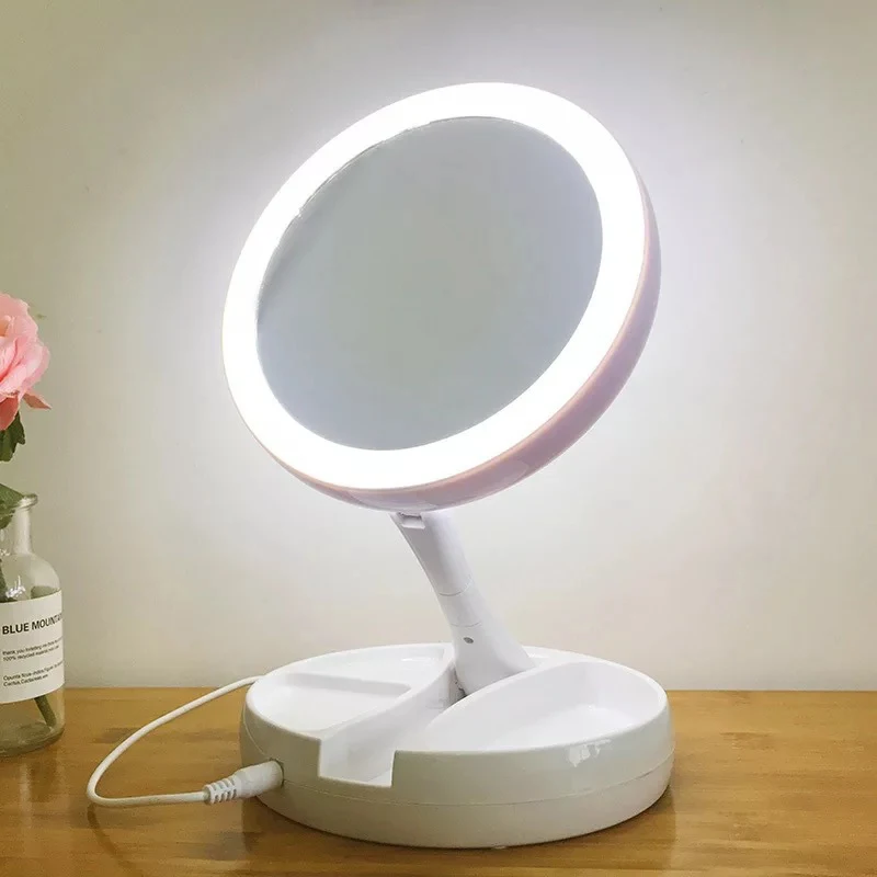 

Multifunctional Foldable LED Lamp Makeup Mirror Round Shape Desktop Portable Circular 10 Times Magnification Double-Sided Mirror