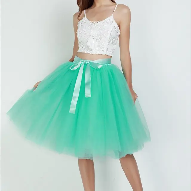 6Layers 65cm Fashion Tulle Skirt Pleated Tutu Skirts Women Lolita Petticoat Bridesmaids Sweet Party Midi Skirt Mini Skirt Dress mint green