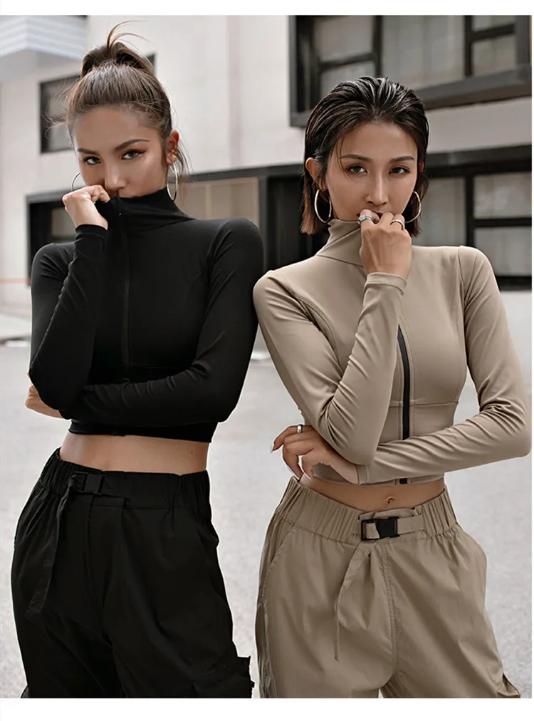 Women Long Sleeve Yoga Shirt Zipper Sport Coat Running Jacket Gym Fitness Slimming Crop Tops elastic force Fitness Sweatshirt