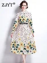 

2022 New Elegant Spring Women's Floral Print Chiffon Pleated Midi Dress Long Sleeve Holiday Casual Vestidos Female Clothes