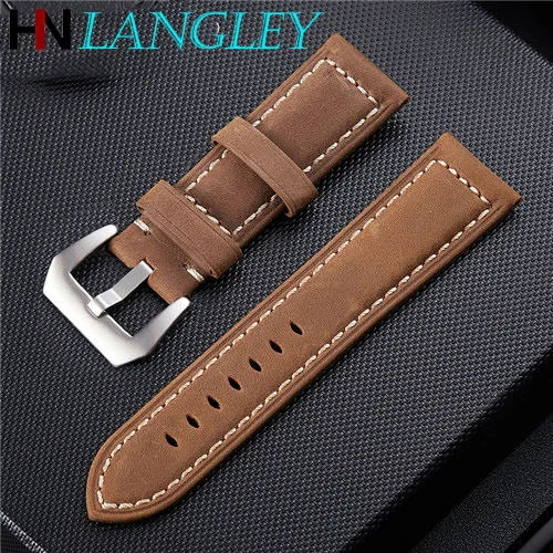 Light Brown Silver Аксессуары для наручных часов ручной работы, винтажный ремешок из натуральной кожи Crazy Horse 20 мм 22 мм 24 мм 26 мм, ремешок для часов и ремешок для часов - Цвет ремешка: Light Brown Silver