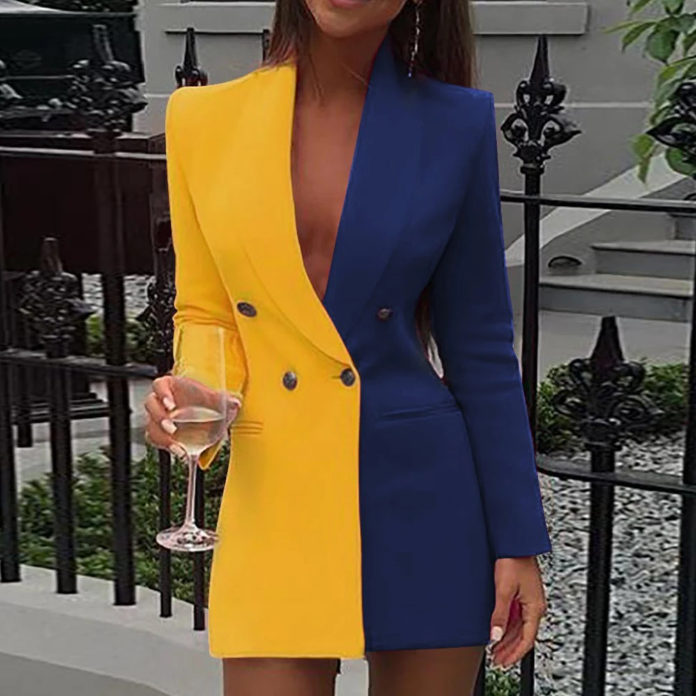 

MoneRffi 2020 Spring Women Colorblock Patchwork Long Sleeve Blazer Dress Women Button Vestidos Office Formal Evening Party Dress