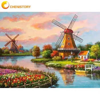 

CHENISTORY Colorful Windmill House Landscape Oil Painting By Numbers For Adults Unique Diy Gift Acrylic Pigment Cnavas Home Art