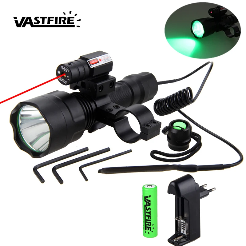 US $17.09 C8 LED Tactical Hunting Flashlight Rifle Airsoft Gun LightLaser Dot SightSwitch20mm Rail Barrel Scope Mount18650Charger
