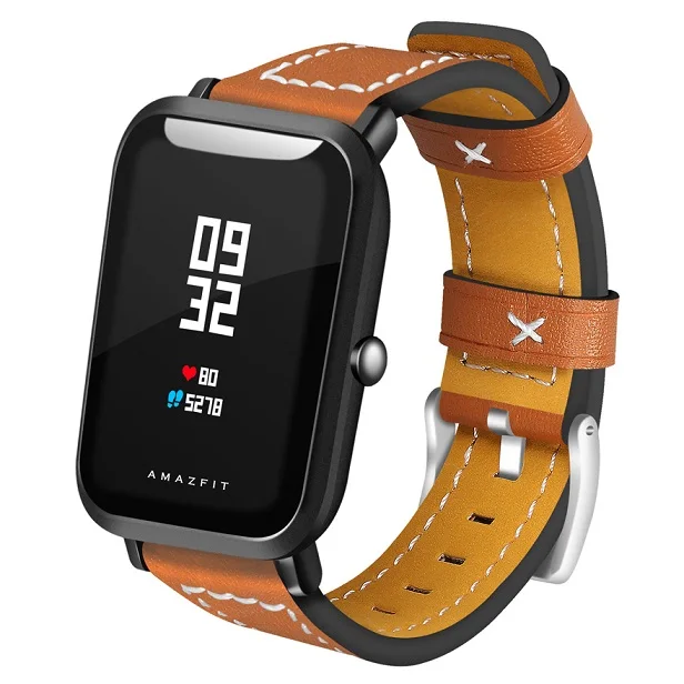 Brown YHNUJM 20 мм ремешок для часов кожаный браслет для Xiaomi Huami Amazfit Youth Bip Bit смарт-ремешок для часов - Цвет: Brown