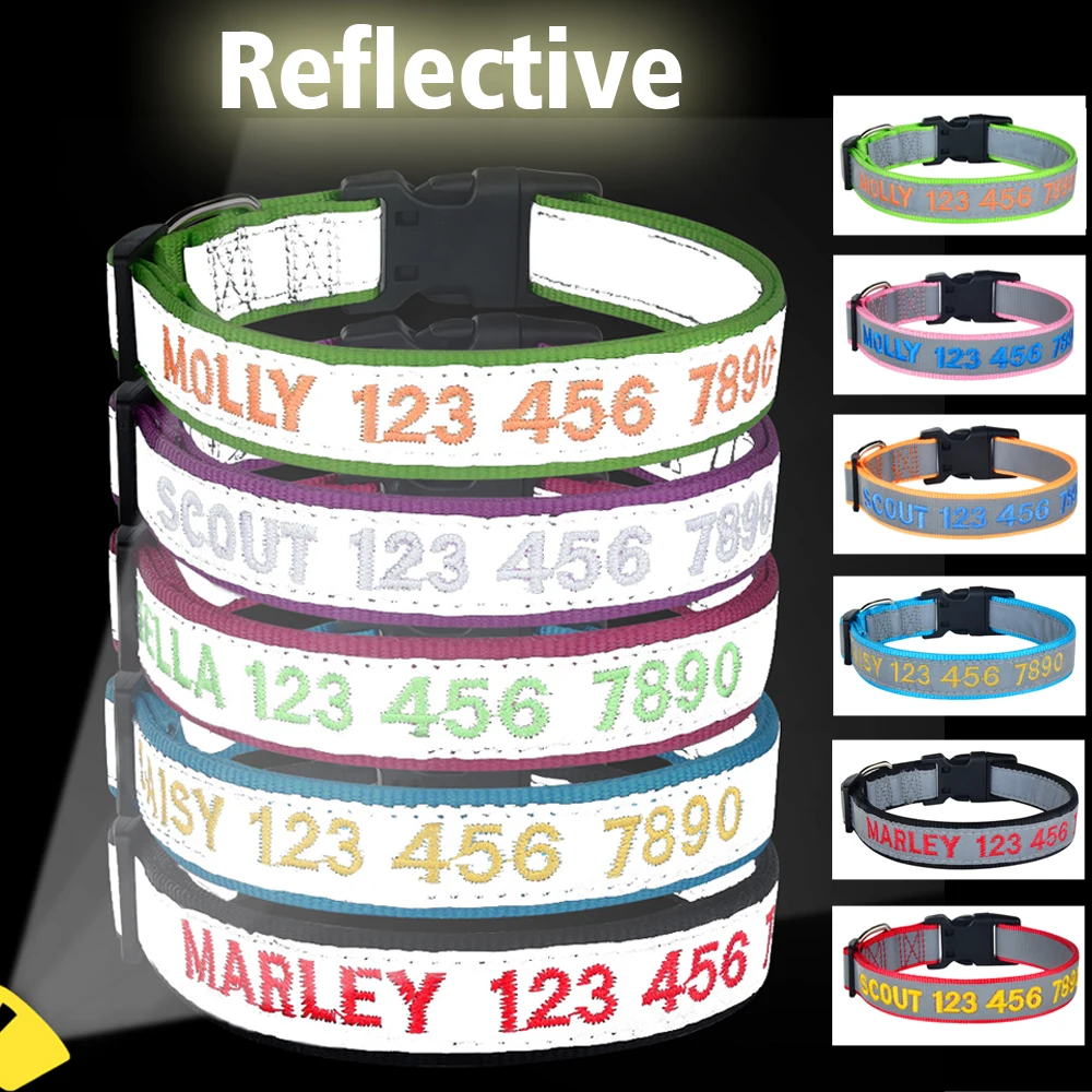 

Luminous Embroidered Dog Collar Personalized Custom Collar Name Phone Number Nylon Dog Reflective Necklace Small Large Puppy
