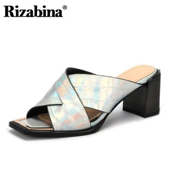 

Rizabina Women Sandals Shoes Fashion Stone Pattern Shoes Women Nice Genuine Leather Slippers Square Heels Footwear Size 34-39