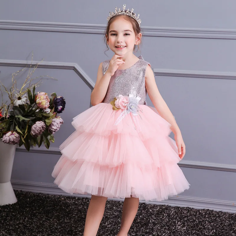 Champagne Gray Pink Purple Girl Flower Sequins Tulle Cake Princess Dress Kids Party Birthday Wedding Gown 3-12Y BW011 | Детская одежда