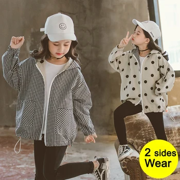 

Girls Polka Dot Both Sides Wear Jacket Spring Autumn Zip-up Trench Coat Teenage Girls Outerwear