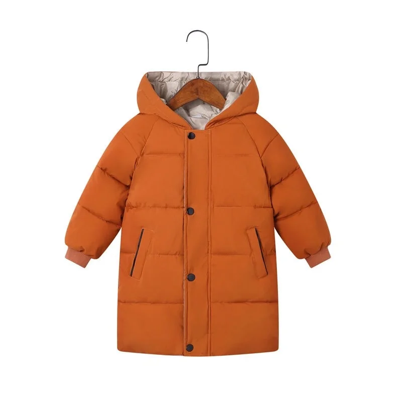 Зимняя куртка коллекция года, осенне-зимнее пальто для отдыха в Корейском стиле для девочек теплая Длинная Верхняя одежда с капюшоном для мальчиков и девочек возрастом от 2 до 9 лет
