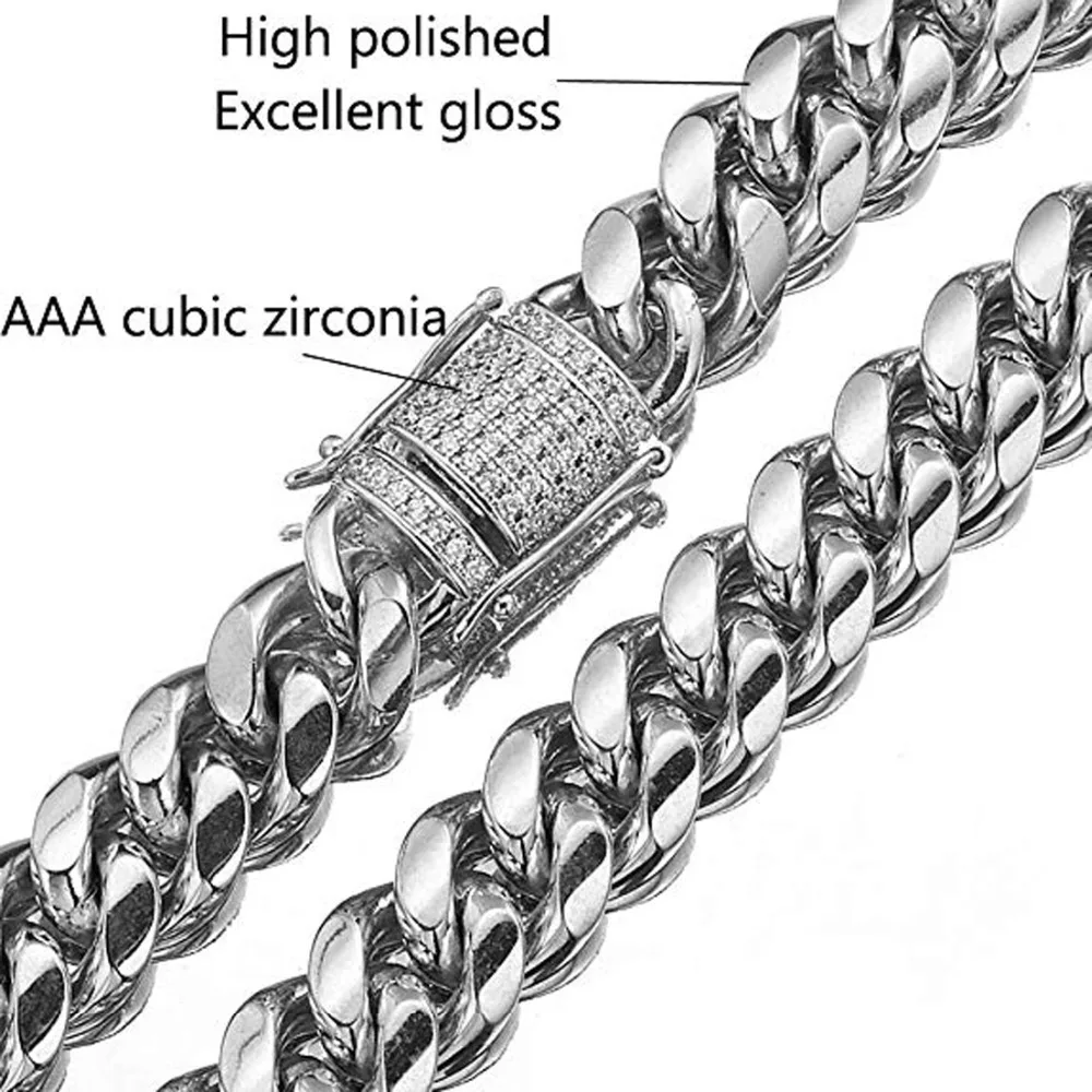 7-40 дюймов Майами КУБИНСКИЙ звено цепи для Для мужчин 8/10/12/14 мм; ширина Цепочки и ожерелья или браслет ювелирные изделия Мода Нержавеющая сталь Золото Тон