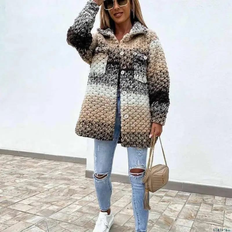 puffer coat with fur hood Street Fashion Braided Twist Woolen Coats Women Loose Gradient Long Sleeve Outerwear Casual Autumn Winter Thick Jacket Overcoat black puffer