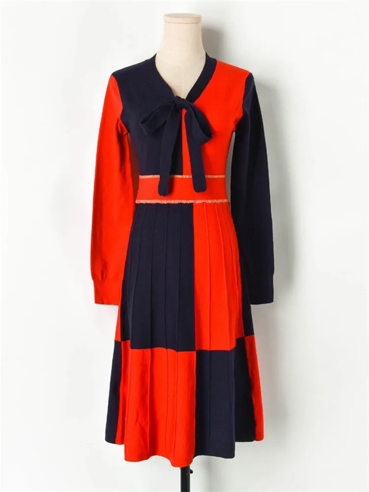 

Luxury Brand Designer Knitted Dress for Women Causel Contrast Patchwork Bow Collar Long Sleeve A Line Pleated Knitted Dress