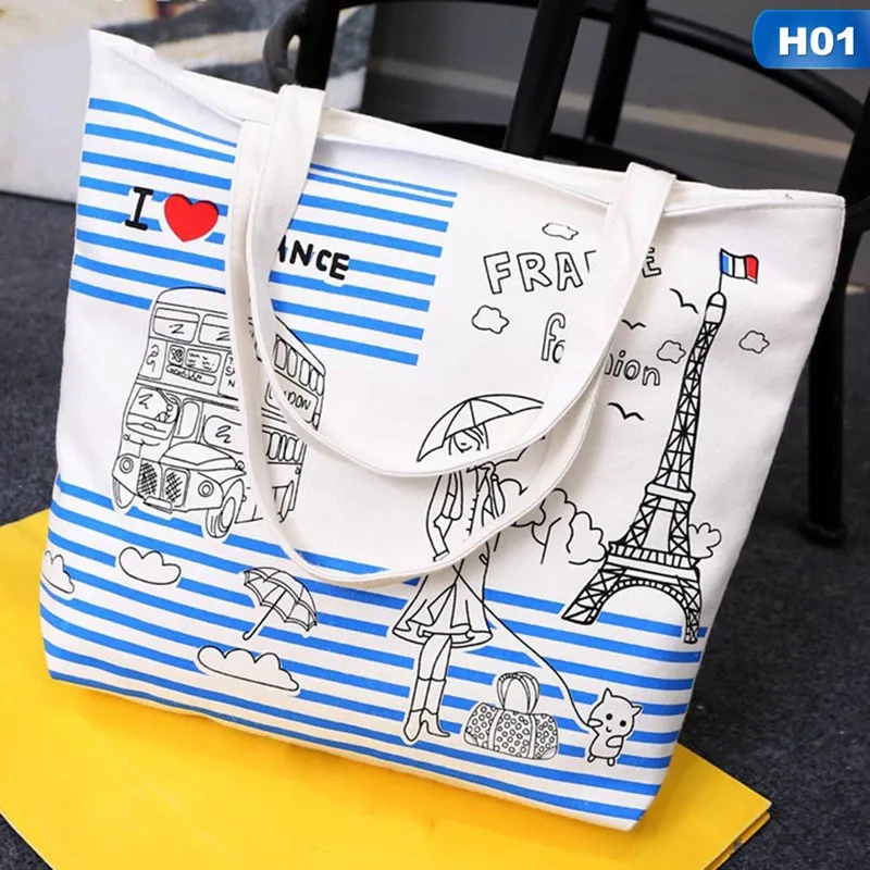 H01 Large White Canvas Tote Bag Fabric Cotton Cloth Reusable Shopping Bag Women Beach Handbags Cats Printed Grocery Bags Big - Цвет: H01
