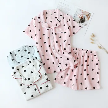 

Korean Cute Dot Gauze Cotton Pajamas Women Summer Sleepwear Female Home Suit Short Sleeve Top + Shorts Women's Clothing Homewear