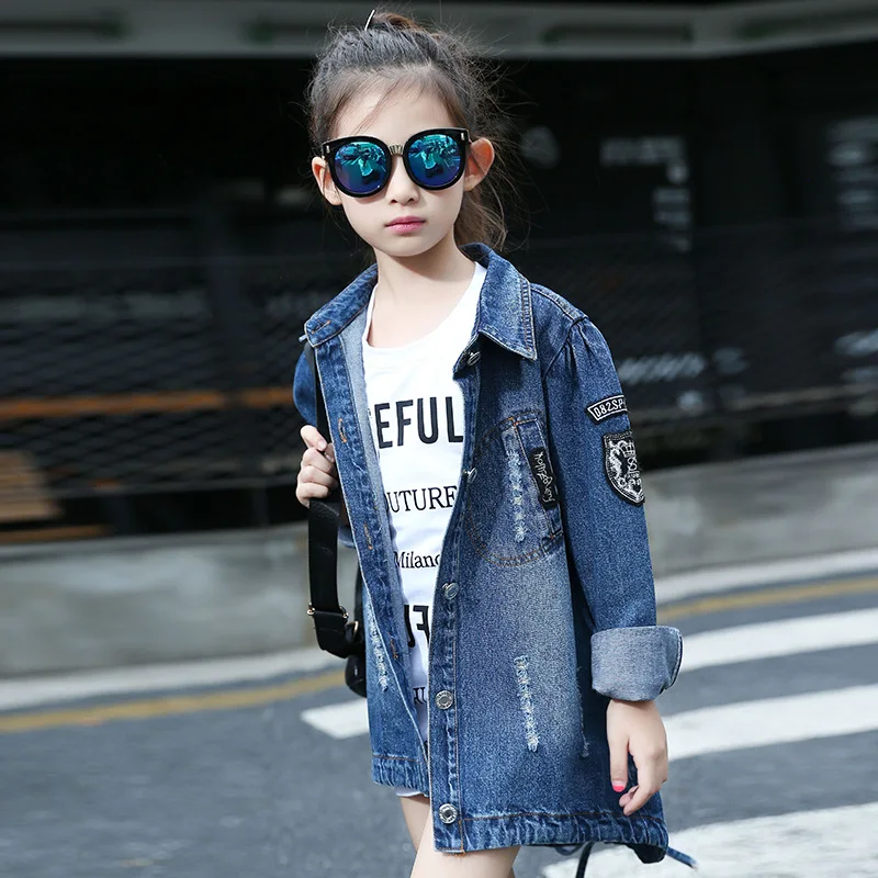 

Trench Coat 2019 New Style Middle And Large Cardigan Girls Jeans Spring Clothing Child Korean-style mian kuan Long Sleeve Casual