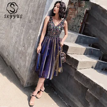 

Skyyue Sleeveless Tank Banquet Gowns FR416 Shining Sequin Prom Dress For Women Patchwork Vestido De Gala Zipper Formal Dresses