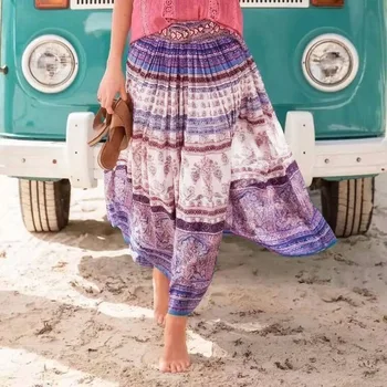 

Pleated Bohemian print Maxi skirt stripe skirt