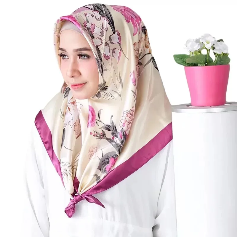 Модная шаль шарфы для женщин цветочный принт атласный шелковый шарф Женский 90x90 см красивый квадратный платок пляжная шаль для дам хиджаб