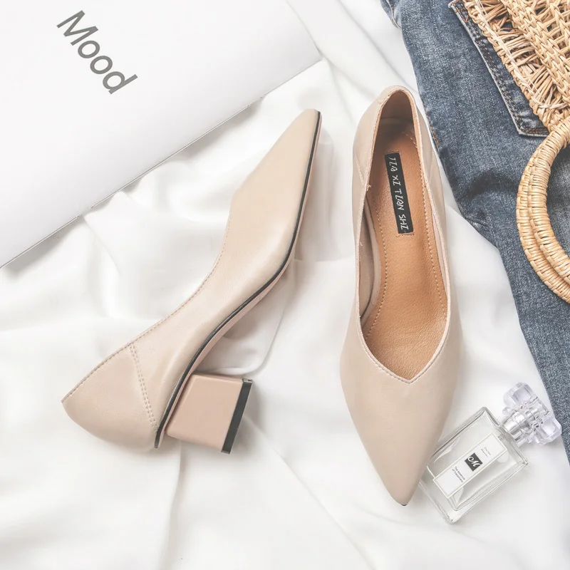 

2019 Autumn Sharp Small High With Concise With Single Shoe Woman Work Soft Leather Shoe