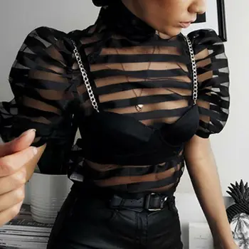 

Fashion Women Sheer Back Bownot Striped Puff Sleeve Blouse Party Club Evening Top Shirt Summer Short Sleeve Blouses Streetwear