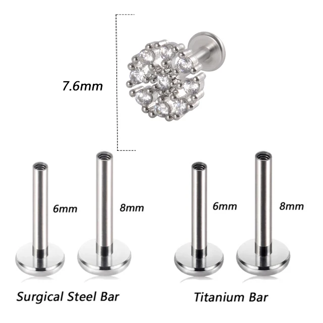 1PC G23 Titanium&Steel 16G CZ Gem Moon Labret Lip Bar Ring Crystal Flower Ear Cartilage Tragus Helix Piercing Screw Fit Top 16g Style J