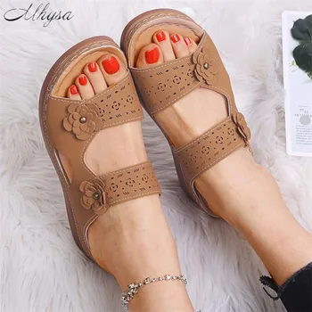 

2020 Women's Sandals Summer Handmade Ladies Shoes Leather Floral outdoor Slippers Women Flats Retro Style Shoes Woman 35-43
