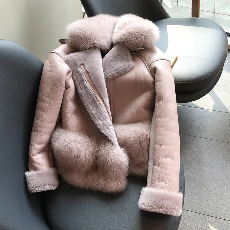 light pink Maylofuer Россия мода Натуральная кожаная куртка из овчины для женщин из натурального меха лисы и тонкой шубы на зиму - Цвет: light pink