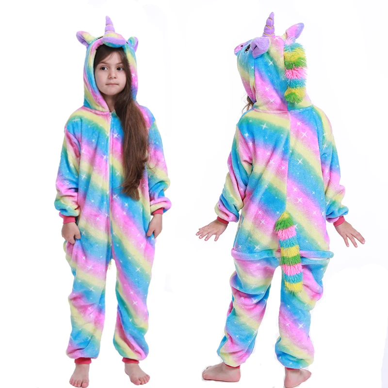 Kegurumi Unicorn Pajamas For Kids Girls Flannel Pijamas Suit Winter Children Unicornio Sleepwear Baby Boys Pyjamas Animal Onesie - Color: rainbow
