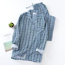 Пижамы, костюмы для сна для мужчин, весенняя и осенняя пижама из тонкой ткани, штаны, повседневный клетчатый хлопковый марлевый комплект домашней одежды для сна с длинным рукавом