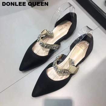 

Black Silk Mary Jane Shoes Women Pointed Toe Flats Shoes For Women Flat Ballet Shoes Brand Luxury Crystal Wedding Shoes Footwear