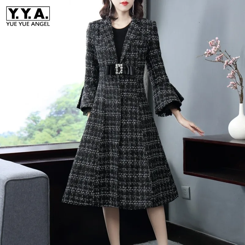 

Elegant Women Woolen Trench Coat Office Ladies Crystal Bow Suit Long Coat Plaid Lace Flare Sleeve Wool Overcoat Slim Fit Trench
