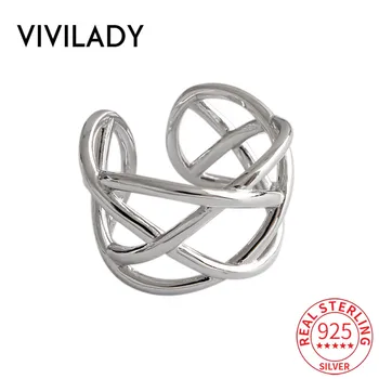 

VIVILADY Real 925 Sterling Silver Handmade Weave Hollow Wide Women Charm Ring Open Trendy Minimalist Style Female Fine Jewelry