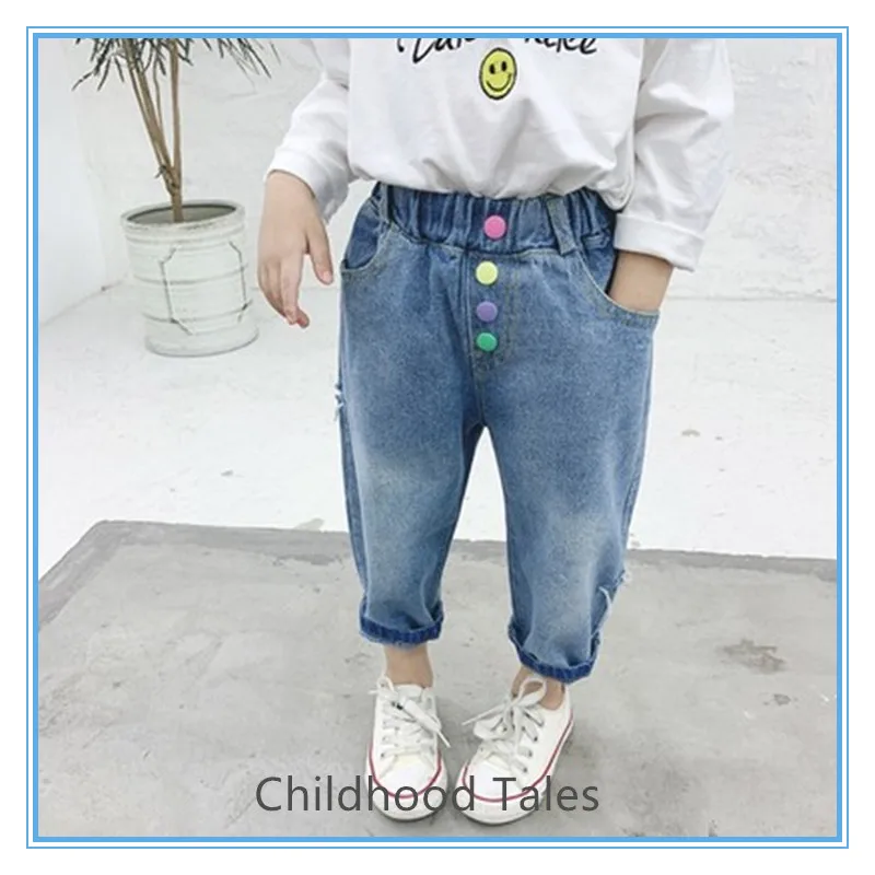 

New fashion style children's clothes pants boys and girls pants colored buckle ripped jeans