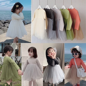 

2019 Autumn New Baby Girls Sweet High Waist Solid Color Pit Lace Princess Dress Kids Children Wooden Ear Gauze Princess Dresses