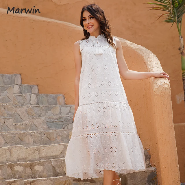 Marwin Long Simple Casual Solid Hollow Out Pure Cotton Holiday Style High Waist Fashion Mid-Calf Summer Dresses NEW Vestidos 4