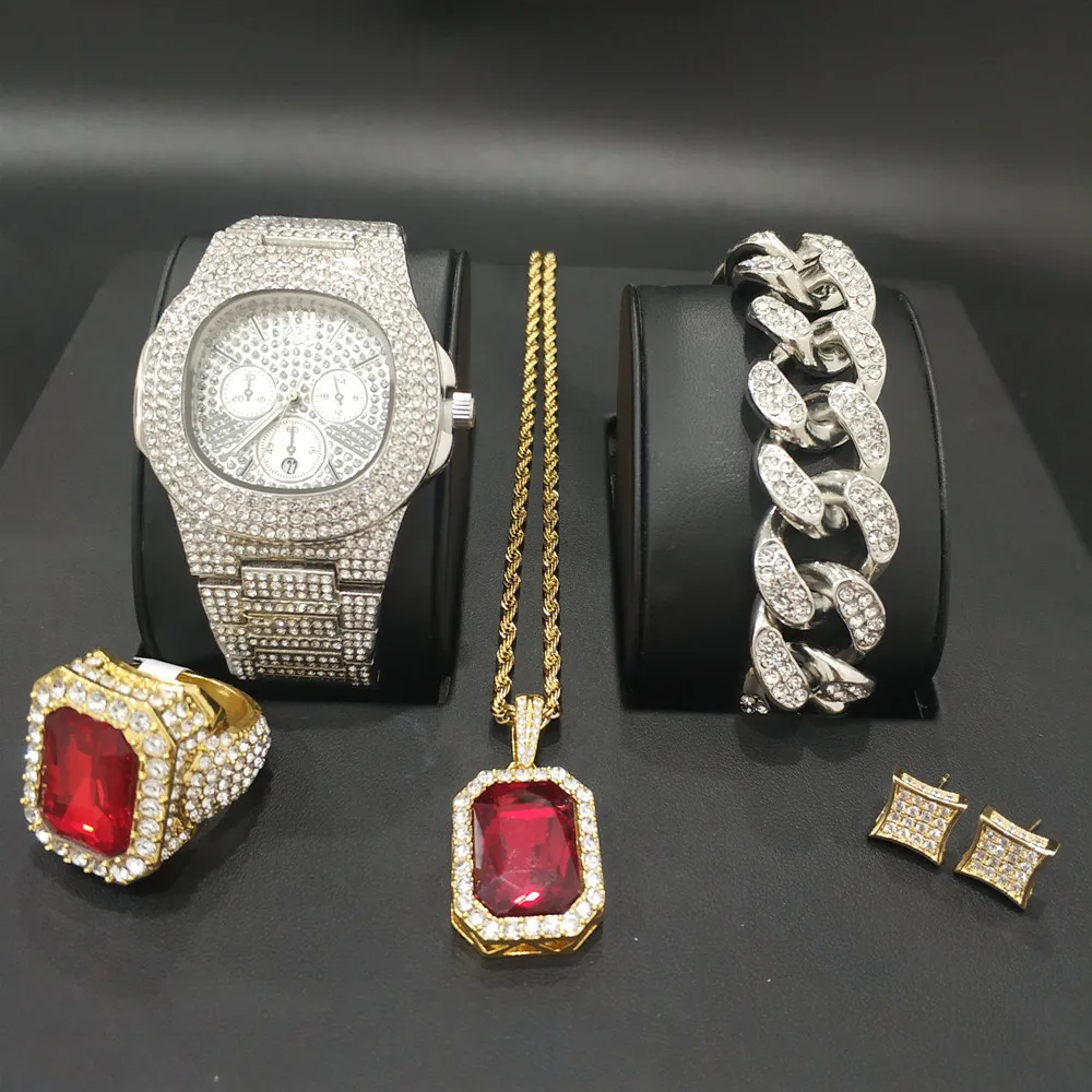Роскошные мужские золотые часы, часы в стиле хип-хоп, ожерелье, браслет, кольцо и серьги, комбинированный набор, ледяной набор, кубинский Топ бренд, хип-хоп ювелирный набор